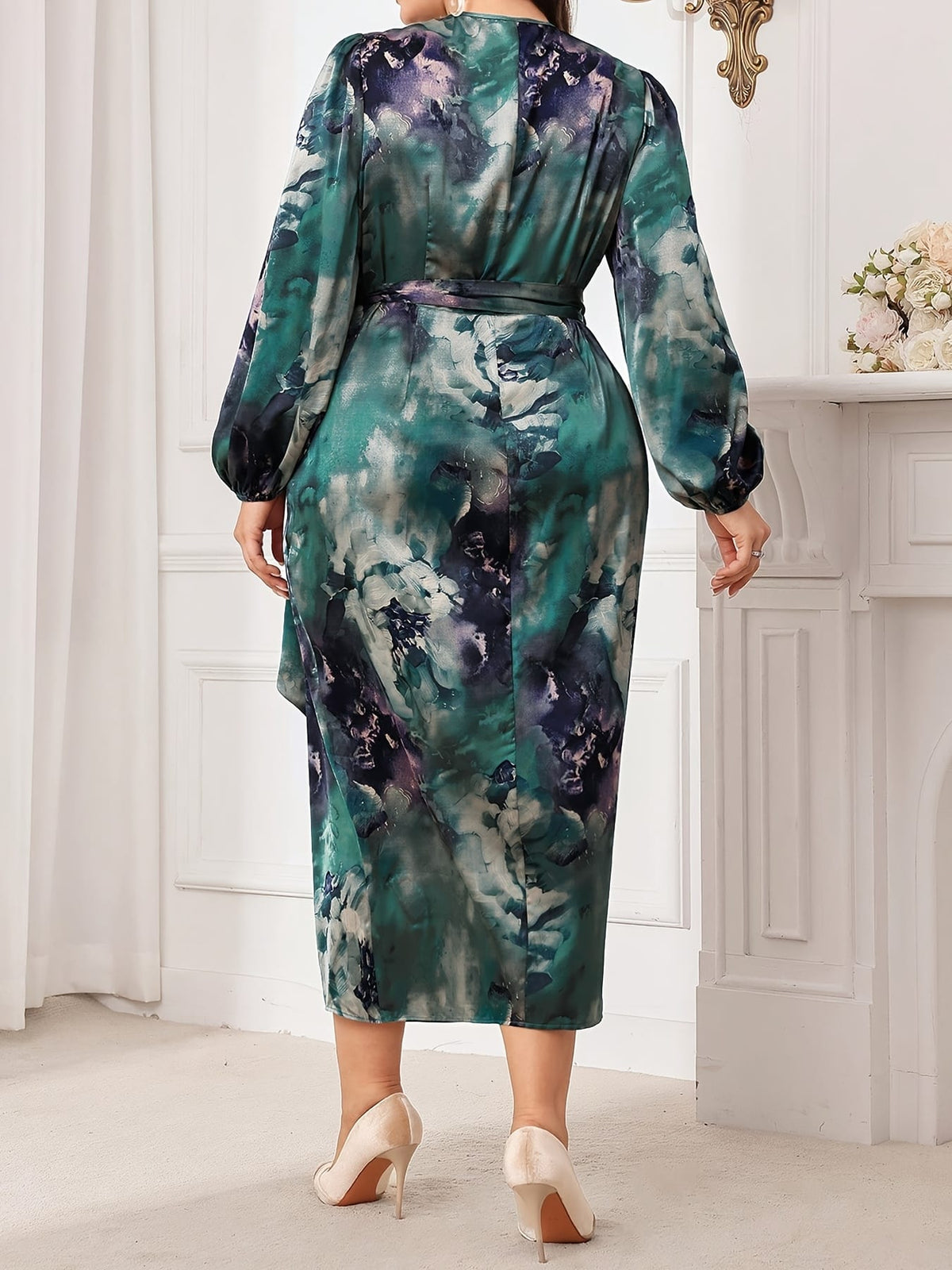 jkthpu-45 Plus Size, Plus Size Women's Elegant Floral Print Lantern Sleeve Dress with Cross Neckline & Adjustable Waist Tie - Long Sleeve Bodycon Maxi Dress for All-Season Wear, Machine Washable YZ281, Long Sleeve Maxi Dress, Stylish Occasions, Formal Attire, No St