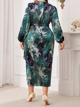 jkthpu-45 Plus Size, Plus Size Women's Elegant Floral Print Lantern Sleeve Dress with Cross Neckline & Adjustable Waist Tie - Long Sleeve Bodycon Maxi Dress for All-Season Wear, Machine Washable YZ281, Long Sleeve Maxi Dress, Stylish Occasions, Formal Attire, No St