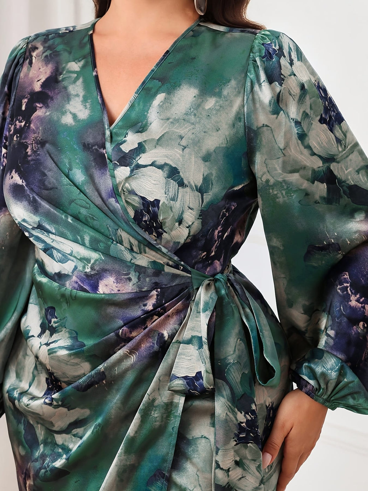 jkthpu-45 Plus Size, Plus Size Women's Elegant Floral Print Lantern Sleeve Dress with Cross Neckline & Adjustable Waist Tie - Long Sleeve Bodycon Maxi Dress for All-Season Wear, Machine Washable YZ281, Long Sleeve Maxi Dress, Stylish Occasions, Formal Attire, No St