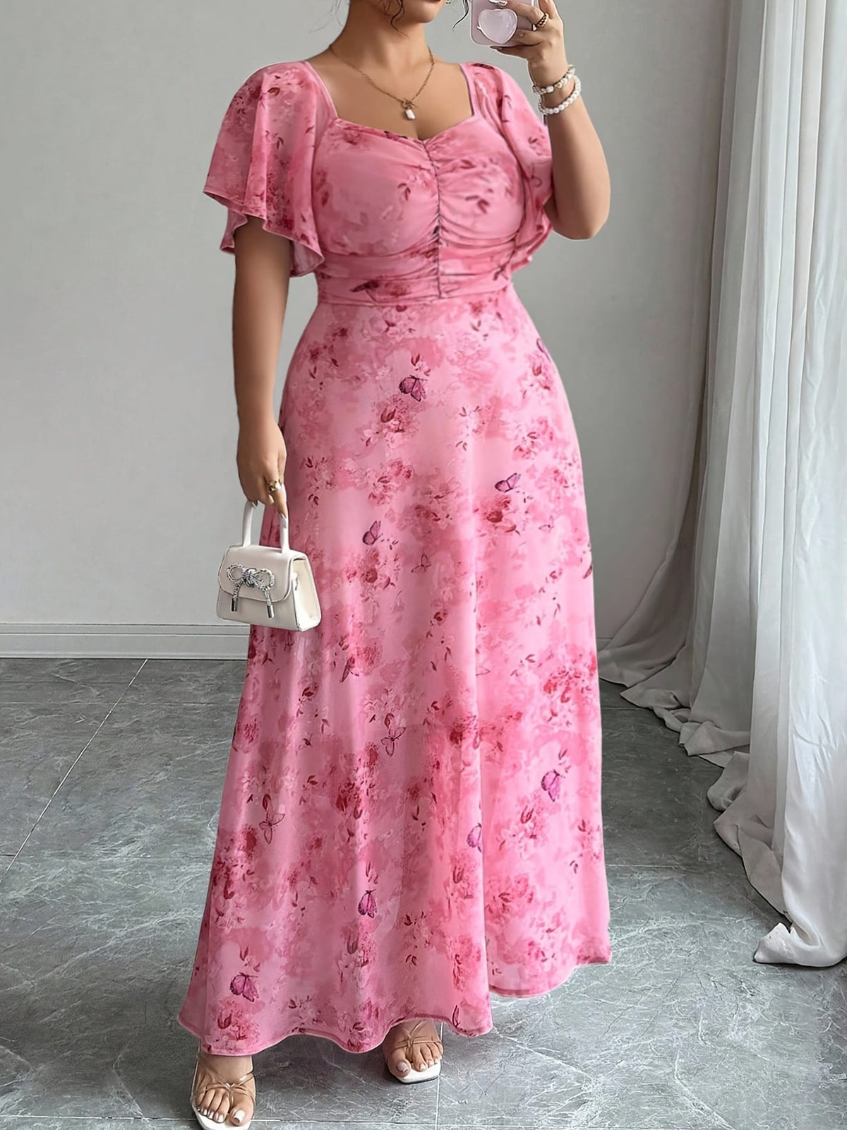jkthpu-45 Plus Size - Plus Size, Women'S Elegant Floral Print maxi Dress - Flowy A-Line Formal & Casual Gown, Flared Hem, Women'S Party Wedding Everyday Outfit - YZ309, Special Occasion Gown, Feminine Design, Comfortable Fit, Zipper Closure, Mature Women