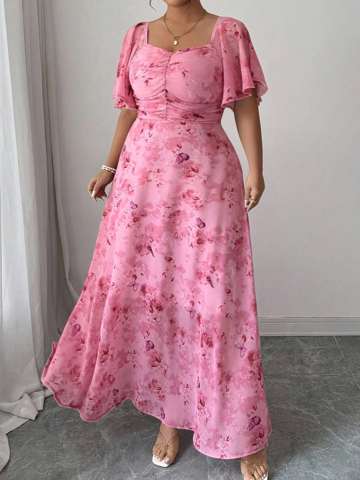 Plus Size - Plus Size, Women'S Elegant Floral Print maxi Dress - Flowy A-Line Formal & Casual Gown, Flared Hem, Women'S Party Wedding Everyday Outfit - YZ309, Special Occasion Gown, Feminine Design, Comfortable Fit, Zipper Closure, Mature Women