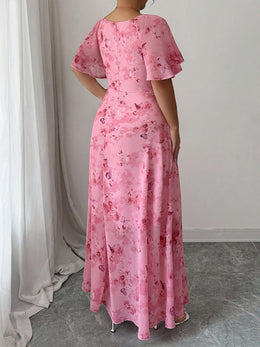 jkthpu-45 Plus Size - Plus Size, Women'S Elegant Floral Print maxi Dress - Flowy A-Line Formal & Casual Gown, Flared Hem, Women'S Party Wedding Everyday Outfit - YZ309, Special Occasion Gown, Feminine Design, Comfortable Fit, Zipper Closure, Mature Women