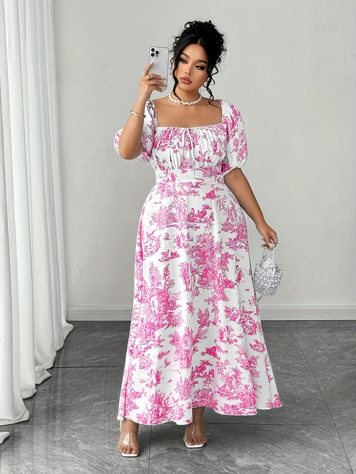 jkthpu-45 Plus Size - Plus Size Women'S Elegant Floral Print Mini Dress - Square Neck, Short Sleeve, Flowy A-Line Cut, Vibrant Pink & White Design, Casual to Formal Wear, Casual Dressing | Floral Print Dress | Glossy Texture