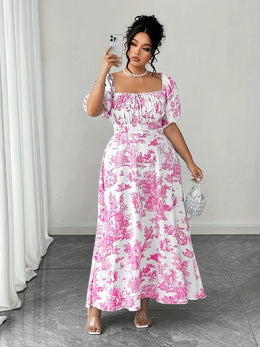 jkthpu-45 Plus Size - Plus Size Women'S Elegant Floral Print Mini Dress - Square Neck, Short Sleeve, Flowy A-Line Cut, Vibrant Pink & White Design, Casual to Formal Wear, Casual Dressing | Floral Print Dress | Glossy Texture