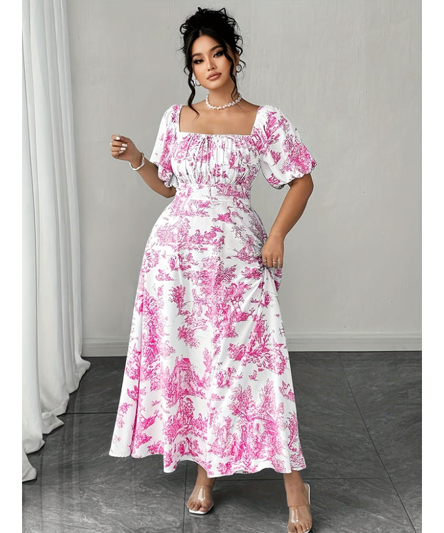 jkthpu-45 Plus Size - Plus Size Women'S Elegant Floral Print Mini Dress - Square Neck, Short Sleeve, Flowy A-Line Cut, Vibrant Pink & White Design, Casual to Formal Wear, Casual Dressing | Floral Print Dress | Glossy Texture