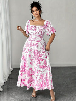 jkthpu-45 Plus Size - Plus Size Women'S Elegant Floral Print Mini Dress - Square Neck, Short Sleeve, Flowy A-Line Cut, Vibrant Pink & White Design, Casual to Formal Wear, Casual Dressing | Floral Print Dress | Glossy Texture