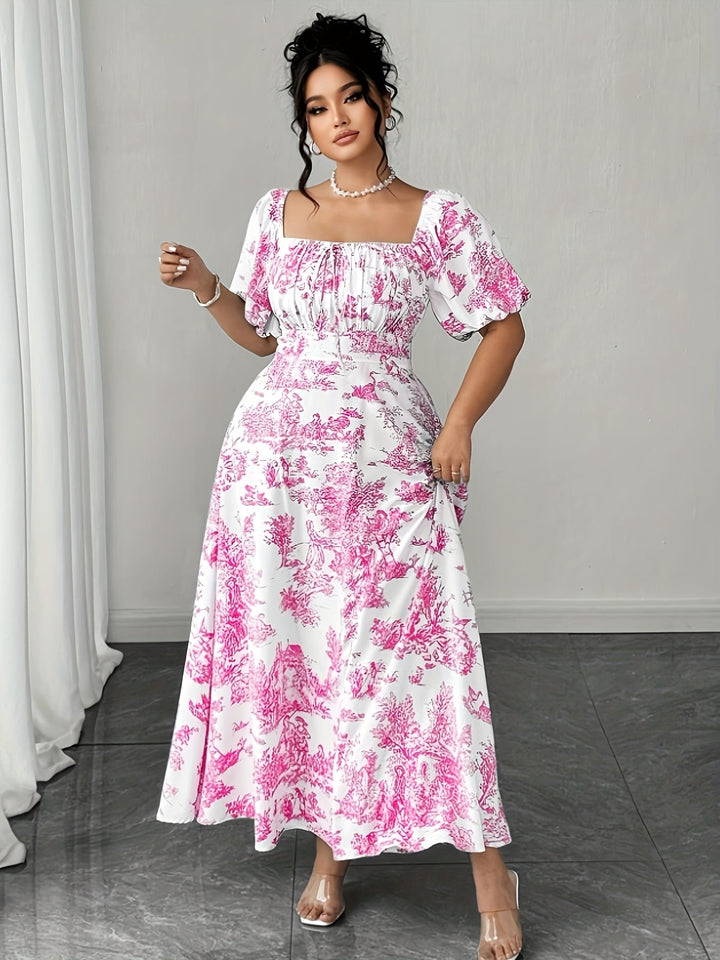 Plus Size - Plus Size Women'S Elegant Floral Print Mini Dress - Square Neck, Short Sleeve, Flowy A-Line Cut, Vibrant Pink & White Design, Casual to Formal Wear, Casual Dressing | Floral Print Dress | Glossy Texture