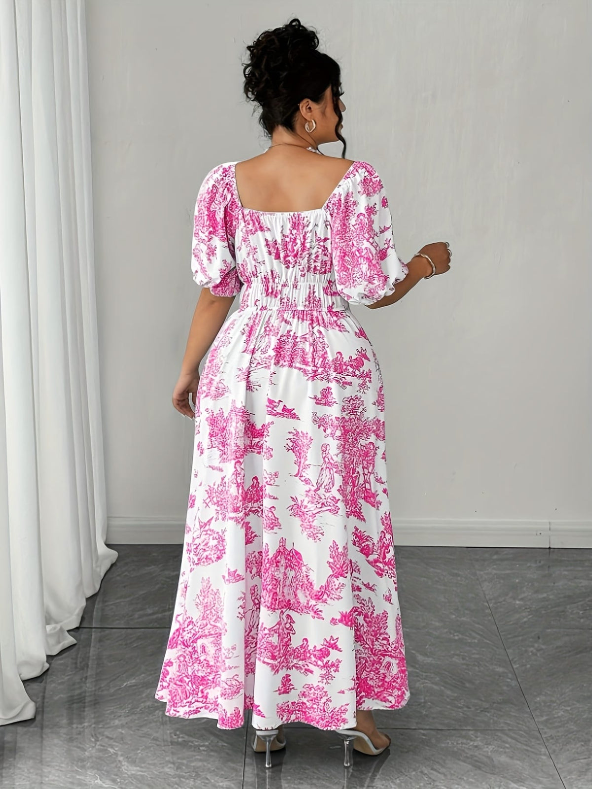 jkthpu-45 Plus Size - Plus Size Women'S Elegant Floral Print Mini Dress - Square Neck, Short Sleeve, Flowy A-Line Cut, Vibrant Pink & White Design, Casual to Formal Wear, Casual Dressing | Floral Print Dress | Glossy Texture