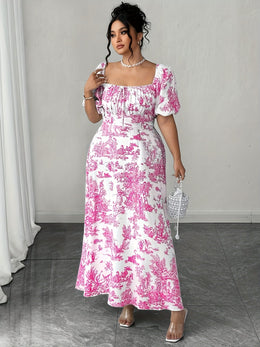 jkthpu-45 Plus Size - Plus Size Women'S Elegant Floral Print Mini Dress - Square Neck, Short Sleeve, Flowy A-Line Cut, Vibrant Pink & White Design, Casual to Formal Wear, Casual Dressing | Floral Print Dress | Glossy Texture