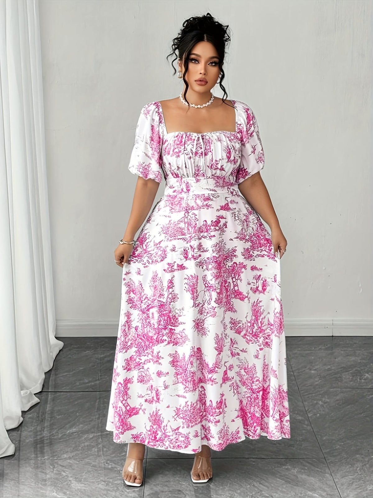 jkthpu-45 Plus Size - Plus Size Women'S Elegant Floral Print Mini Dress - Square Neck, Short Sleeve, Flowy A-Line Cut, Vibrant Pink & White Design, Casual to Formal Wear, Casual Dressing | Floral Print Dress | Glossy Texture