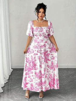jkthpu-45 Plus Size - Plus Size Women'S Elegant Floral Print Mini Dress - Square Neck, Short Sleeve, Flowy A-Line Cut, Vibrant Pink & White Design, Casual to Formal Wear, Casual Dressing | Floral Print Dress | Glossy Texture