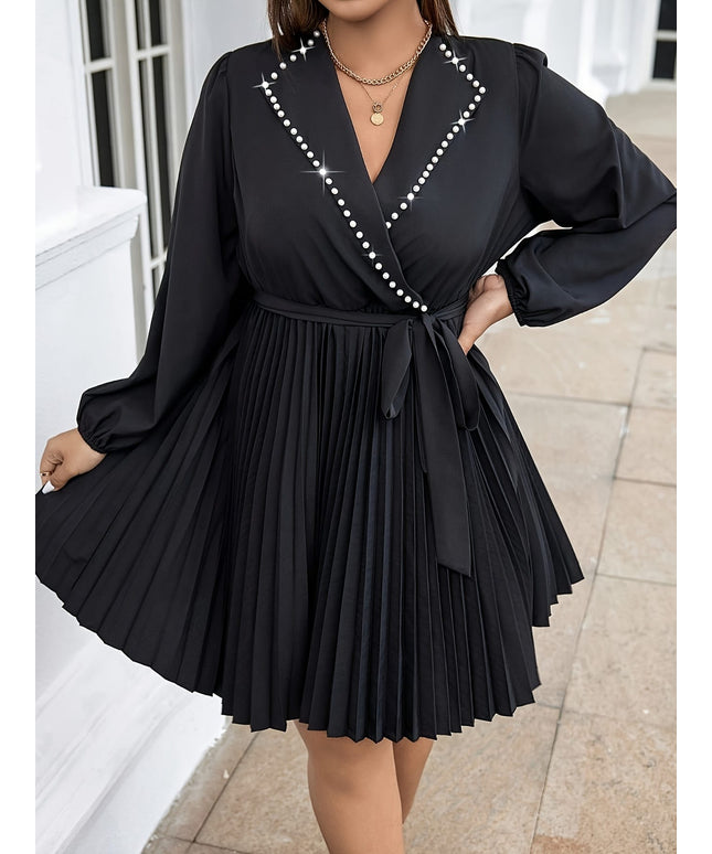 jkthpu-45 Plus Size - Plus Size, Women'S Elegant Formal Party Wedding Dress - Flared Sleeve with Waist Tie Belt, Flared Hem, Non-Stretchy Fabric for Gala, Evening Events, Special Occasions - Year-Round Formal Attire, Dresses for Wedding Guest, Gala Attire, Vneck De