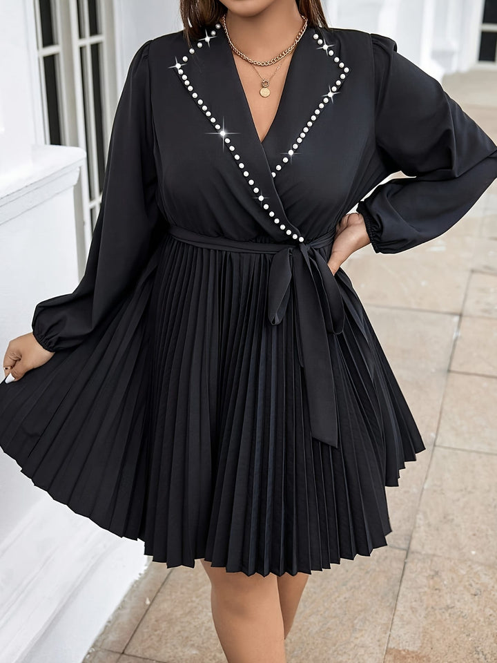 Plus Size - Plus Size, Women'S Elegant Formal Party Wedding Dress - Flared Sleeve with Waist Tie Belt, Flared Hem, Non-Stretchy Fabric for Gala, Evening Events, Special Occasions - Year-Round Formal Attire, Dresses for Wedding Guest, Gala Attire, Vneck De
