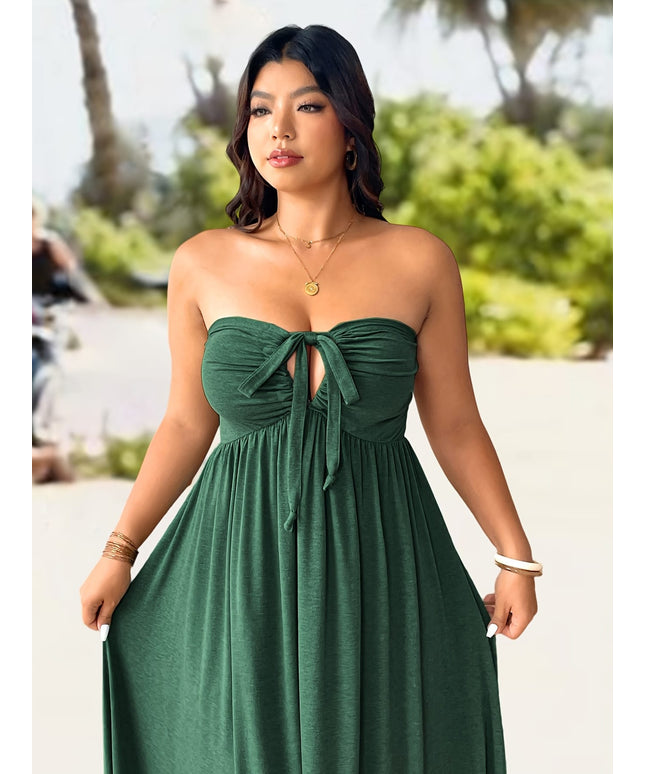 jkthpu-45 Plus Size, Plus Size Women's Elegant Halter Neck Dress with Adjustable Back Tie & Twist Detail - Stretchy Ruched Waist Flared Skirt, Machine Washable Spring Summer Fall Casual to Evening Dress, Seasonal Fashion, Comfortable Fit