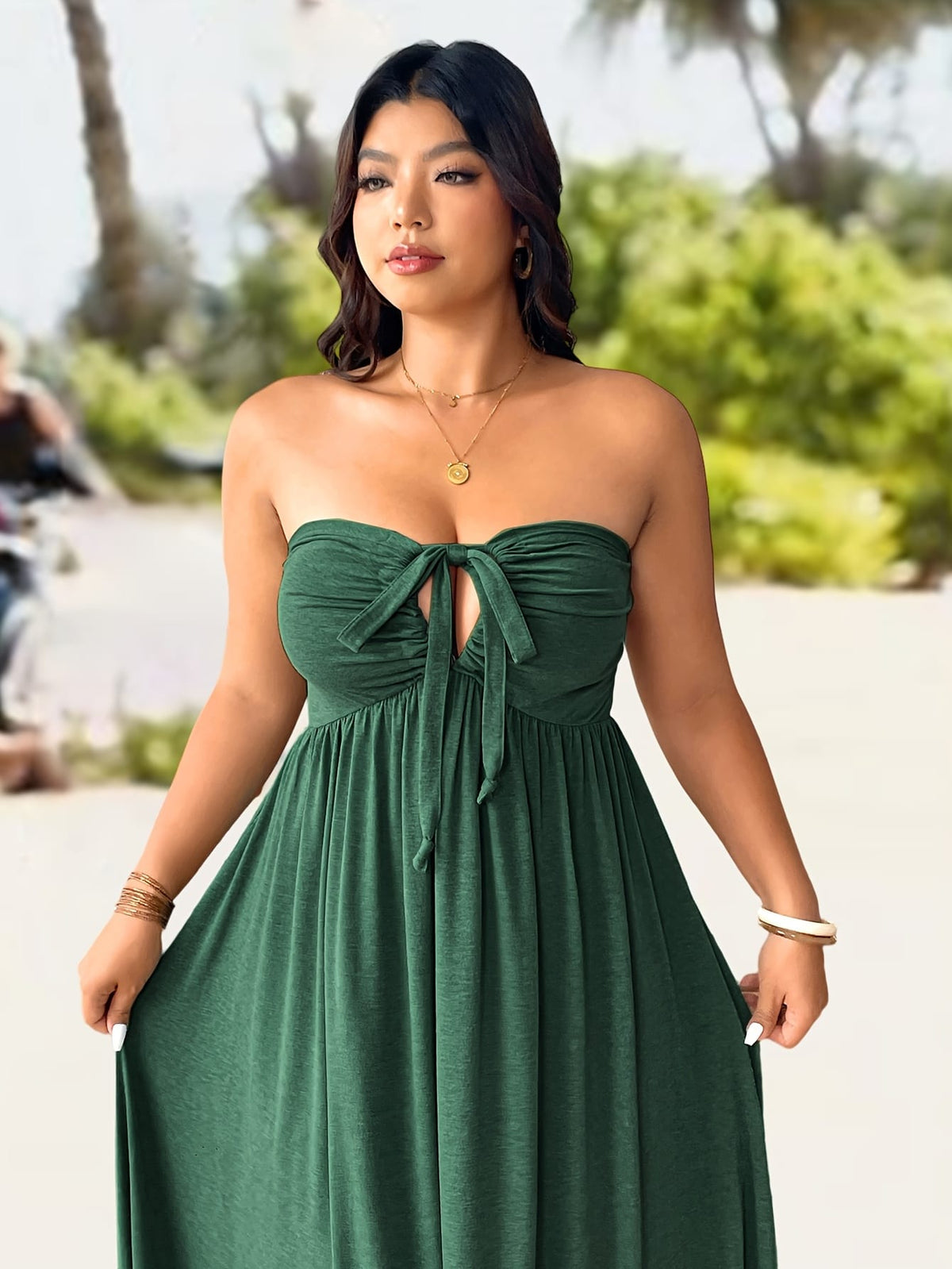 jkthpu-45 Plus Size, Plus Size Women's Elegant Halter Neck Dress with Adjustable Back Tie & Twist Detail - Stretchy Ruched Waist Flared Skirt, Machine Washable Spring Summer Fall Casual to Evening Dress, Seasonal Fashion, Comfortable Fit