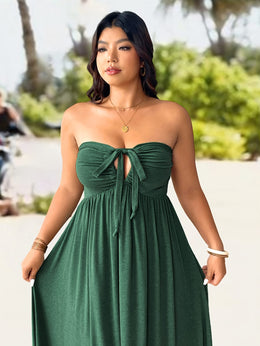 jkthpu-45 Plus Size, Plus Size Women's Elegant Halter Neck Dress with Adjustable Back Tie & Twist Detail - Stretchy Ruched Waist Flared Skirt, Machine Washable Spring Summer Fall Casual to Evening Dress, Seasonal Fashion, Comfortable Fit