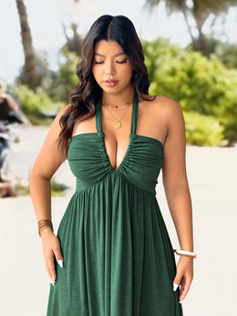 jkthpu-45 Plus Size, Plus Size Women's Elegant Halter Neck Dress with Adjustable Back Tie & Twist Detail - Stretchy Ruched Waist Flared Skirt, Machine Washable Spring Summer Fall Casual to Evening Dress, Seasonal Fashion, Comfortable Fit