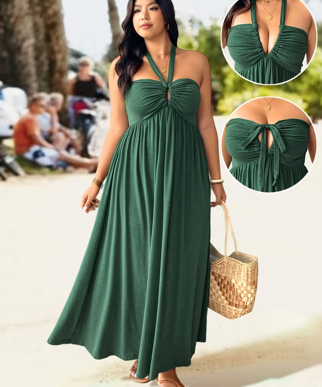 jkthpu-45 Plus Size, Plus Size Women's Elegant Halter Neck Dress with Adjustable Back Tie & Twist Detail - Stretchy Ruched Waist Flared Skirt, Machine Washable Spring Summer Fall Casual to Evening Dress, Seasonal Fashion, Comfortable Fit