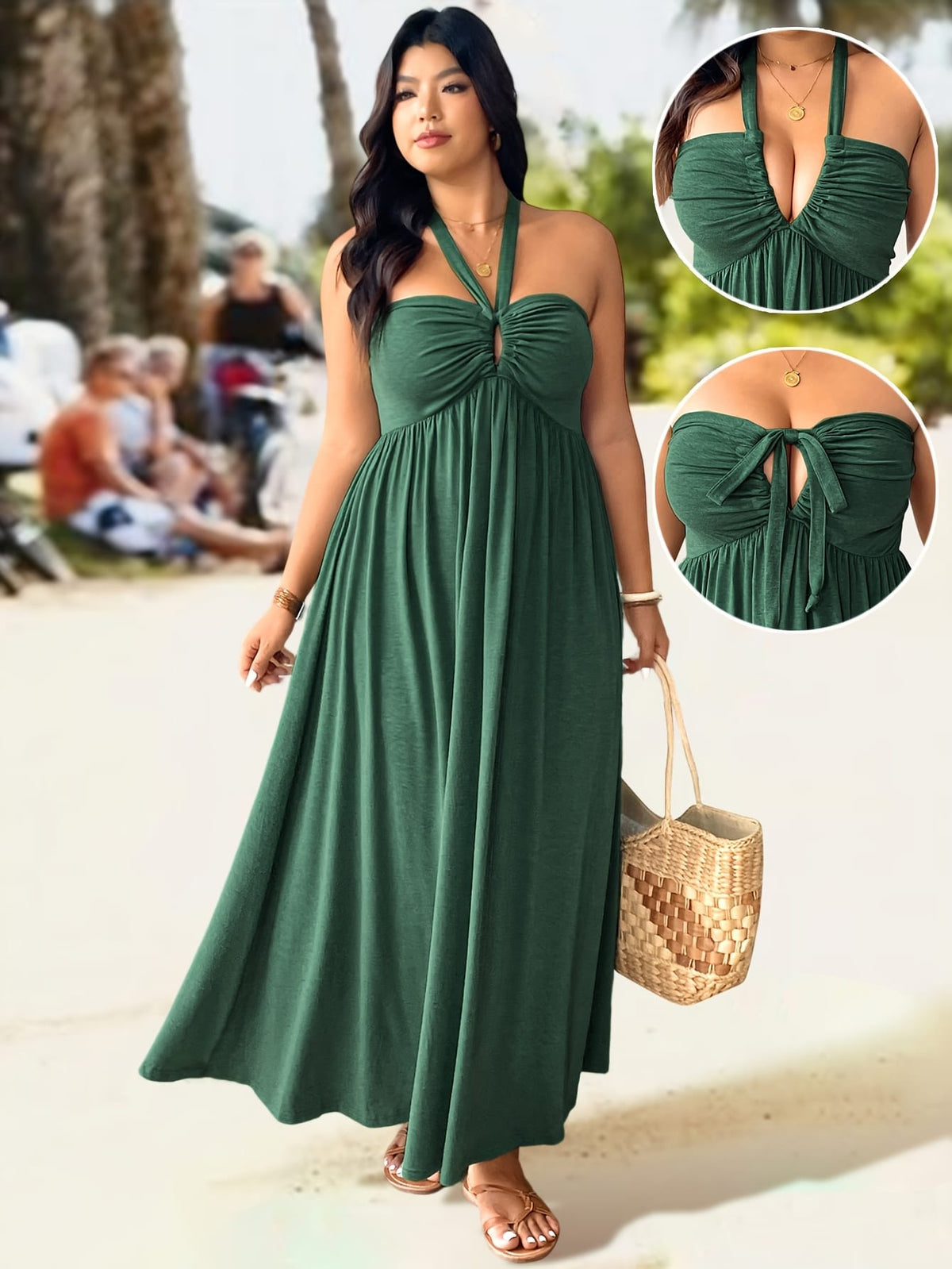 jkthpu-45 Plus Size, Plus Size Women's Elegant Halter Neck Dress with Adjustable Back Tie & Twist Detail - Stretchy Ruched Waist Flared Skirt, Machine Washable Spring Summer Fall Casual to Evening Dress, Seasonal Fashion, Comfortable Fit