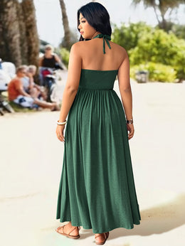 jkthpu-45 Plus Size, Plus Size Women's Elegant Halter Neck Dress with Adjustable Back Tie & Twist Detail - Stretchy Ruched Waist Flared Skirt, Machine Washable Spring Summer Fall Casual to Evening Dress, Seasonal Fashion, Comfortable Fit