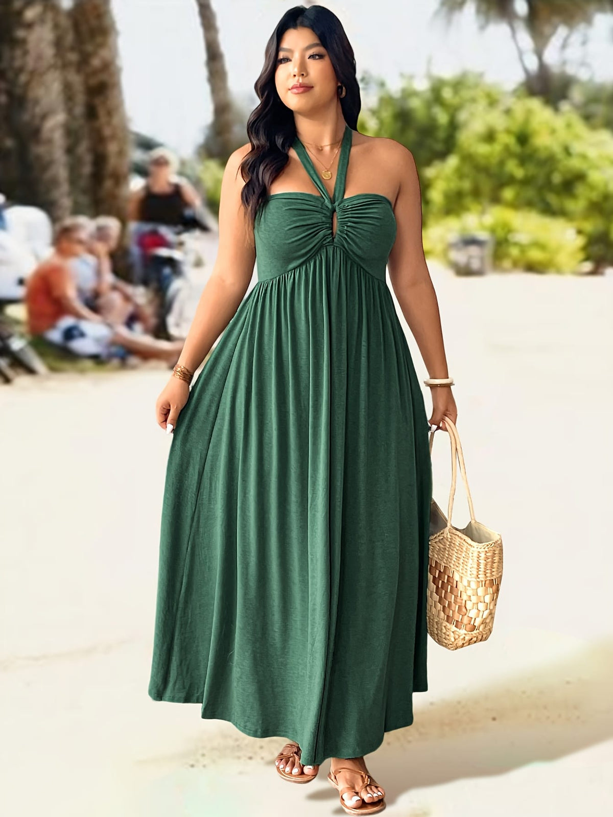 jkthpu-45 Plus Size, Plus Size Women's Elegant Halter Neck Dress with Adjustable Back Tie & Twist Detail - Stretchy Ruched Waist Flared Skirt, Machine Washable Spring Summer Fall Casual to Evening Dress, Seasonal Fashion, Comfortable Fit