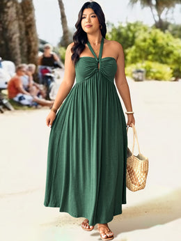 jkthpu-45 Plus Size, Plus Size Women's Elegant Halter Neck Dress with Adjustable Back Tie & Twist Detail - Stretchy Ruched Waist Flared Skirt, Machine Washable Spring Summer Fall Casual to Evening Dress, Seasonal Fashion, Comfortable Fit