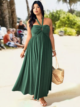 jkthpu-45 Plus Size, Plus Size Women's Elegant Halter Neck Dress with Adjustable Back Tie & Twist Detail - Stretchy Ruched Waist Flared Skirt, Machine Washable Spring Summer Fall Casual to Evening Dress, Seasonal Fashion, Comfortable Fit