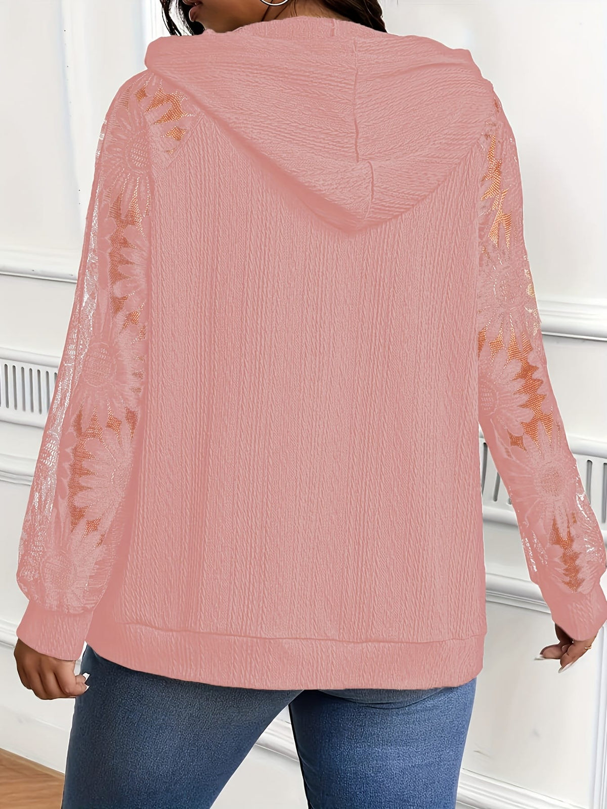 jkthpu-45 Plus Size, Plus-Size Women's Elegant Lace-Trimmed Hoodie -