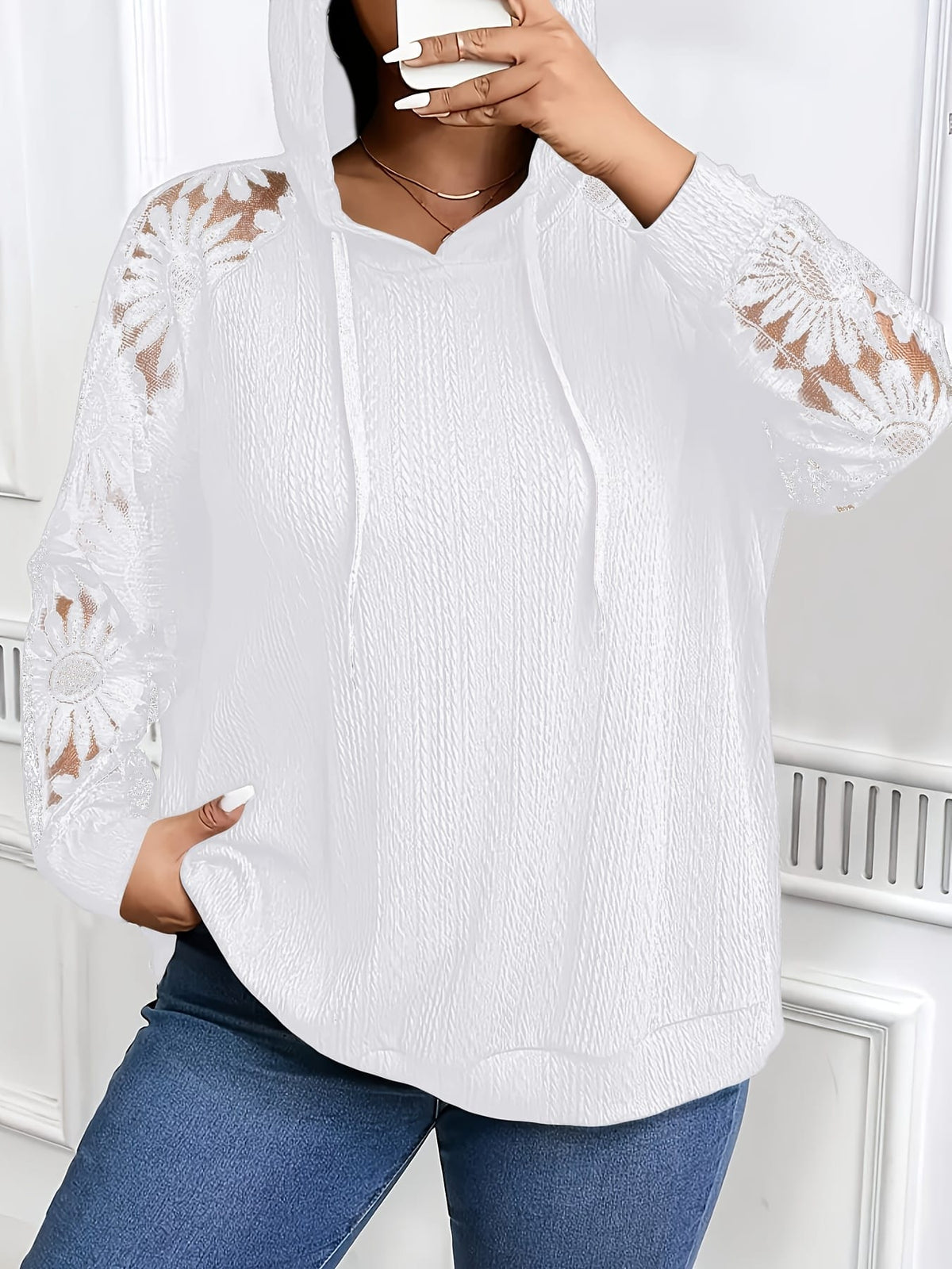 jkthpu-45 Plus Size, Plus-Size Women's Elegant Lace-Trimmed Hoodie -