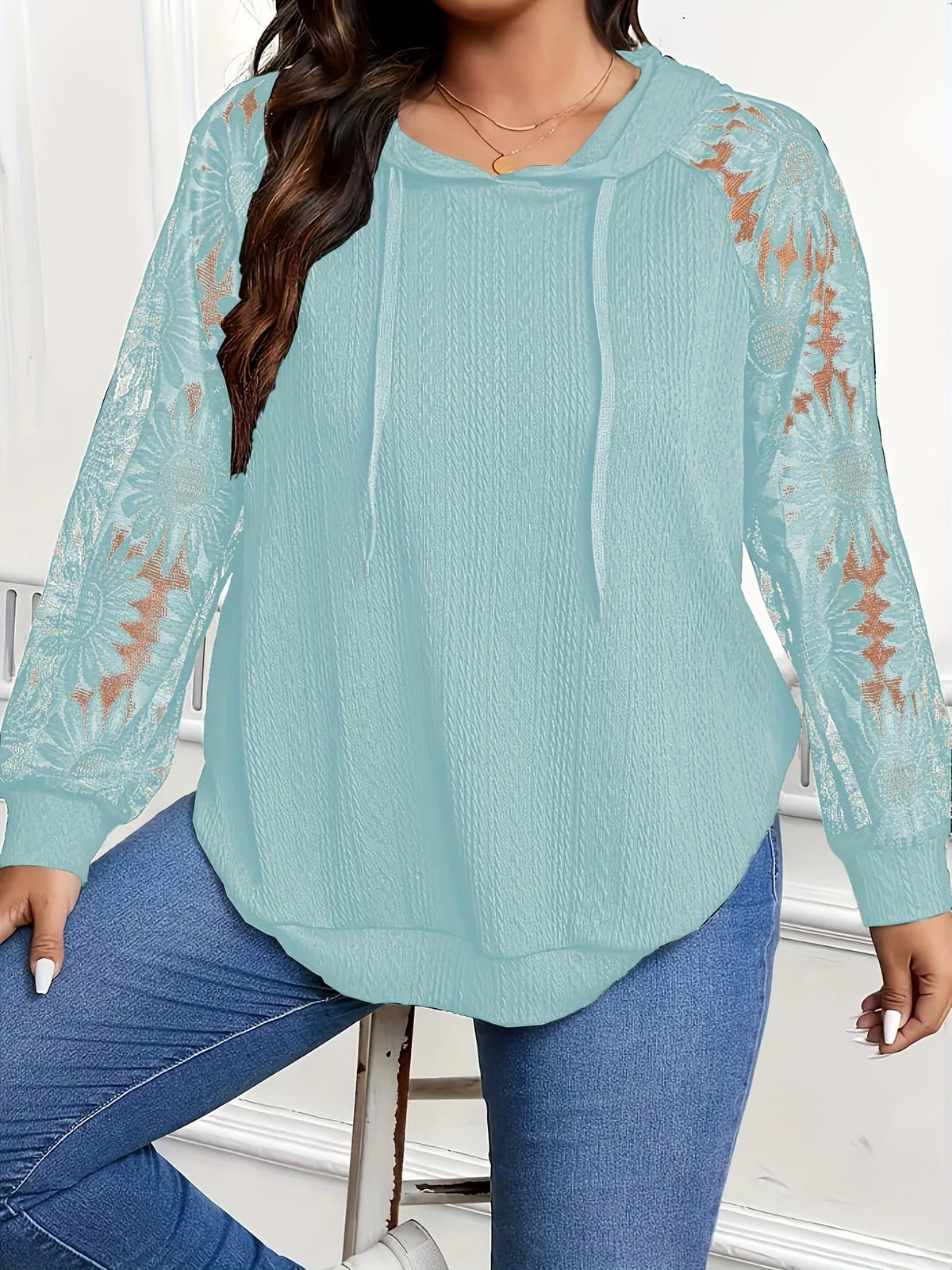 jkthpu-45 Plus Size, Plus-Size Women's Elegant Lace-Trimmed Hoodie -