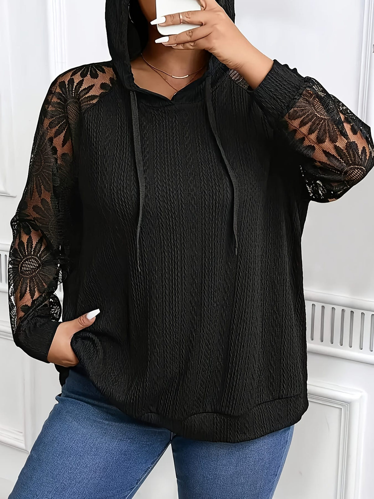 jkthpu-45 Plus Size, Plus-Size Women's Elegant Lace-Trimmed Hoodie -