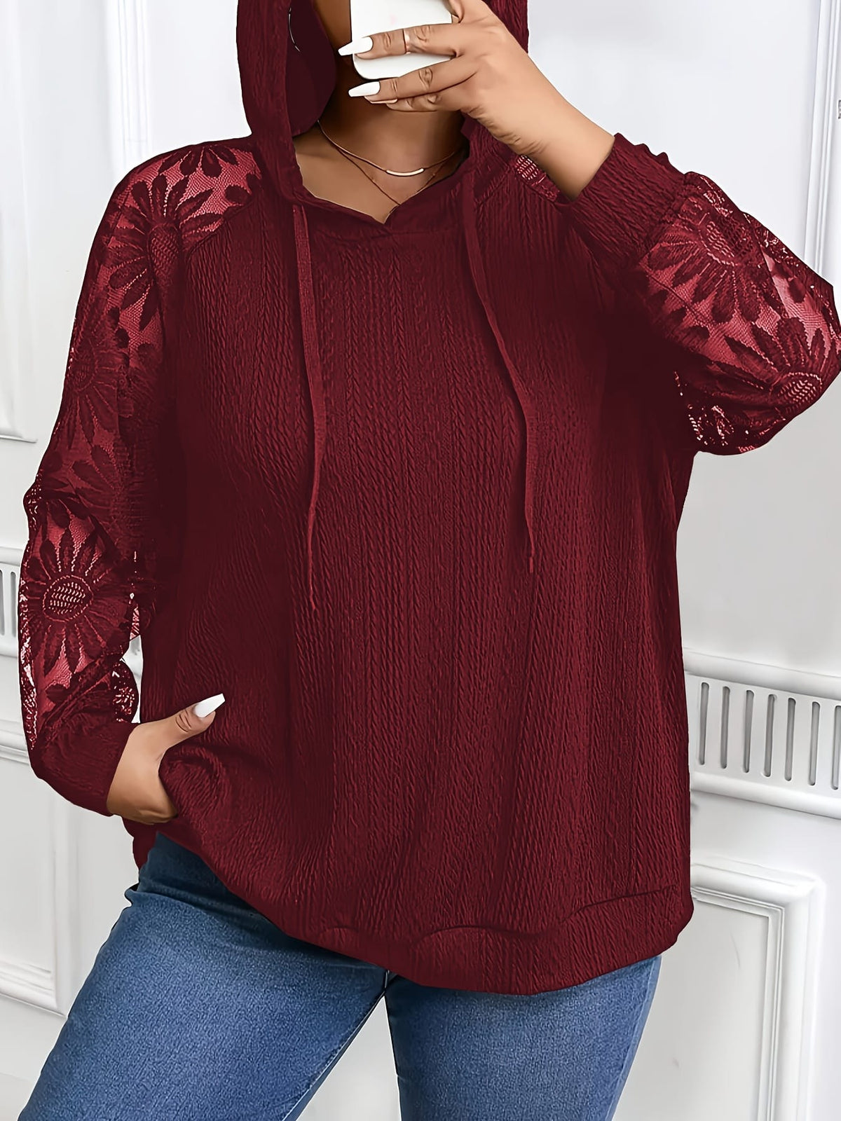 jkthpu-45 Plus Size, Plus-Size Women's Elegant Lace-Trimmed Hoodie -