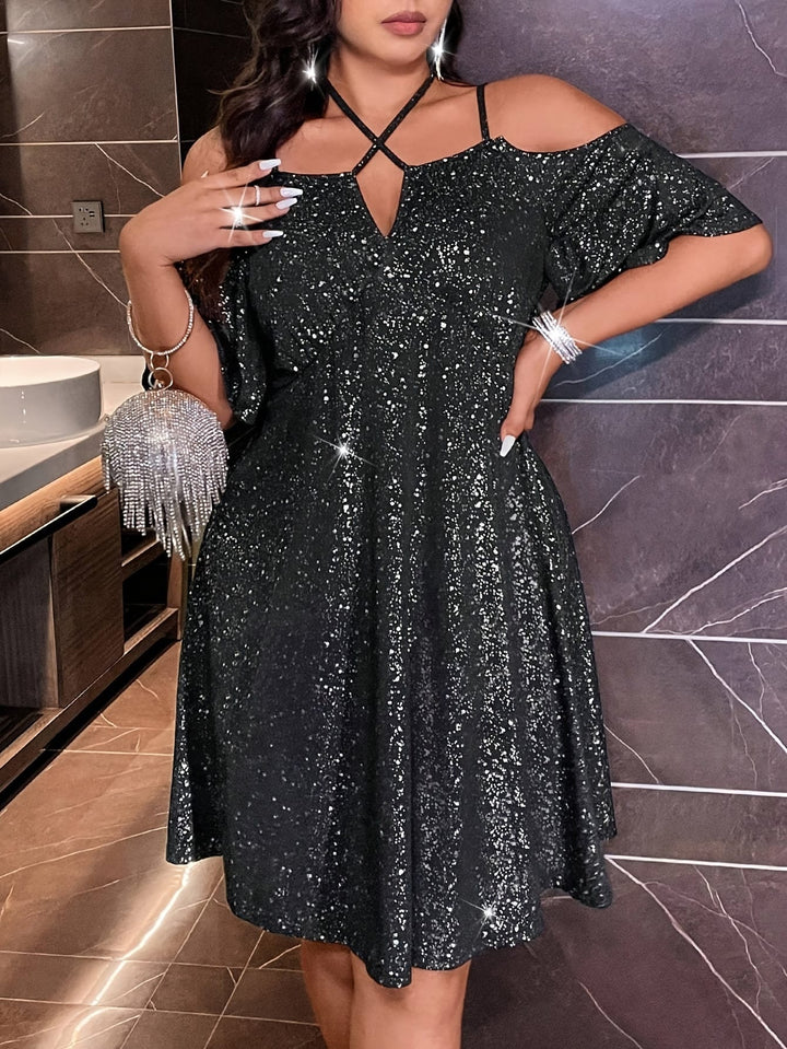 Plus Size, Plus Size Women's Elegant -Line Dress - Sparkling Shimmer Short Sleeve -Length Party Wedding Guest Dress, Fitted Curvy Silhouette, Machine Washable -Season Formal Gown, Dresses For Women Plus Size, Dress For Women Plus Size, Plus Size Wedding G