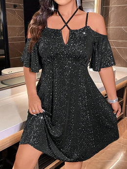 jkthpu-45 Plus Size, Plus Size Women's Elegant -Line Dress - Sparkling Shimmer Short Sleeve -Length Party Wedding Guest Dress, Fitted Curvy Silhouette, Machine Washable -Season Formal Gown, Dresses For Women Plus Size, Dress For Women Plus Size, Plus Size Wedding G
