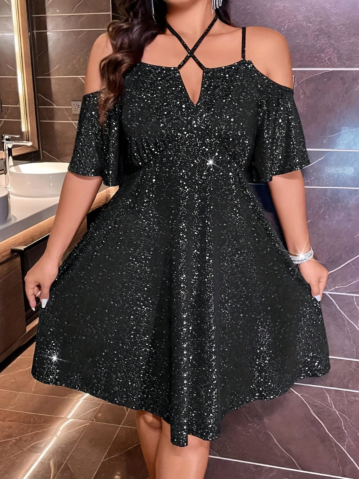 jkthpu-45 Plus Size, Plus Size Women's Elegant -Line Dress - Sparkling Shimmer Short Sleeve -Length Party Wedding Guest Dress, Fitted Curvy Silhouette, Machine Washable -Season Formal Gown, Dresses For Women Plus Size, Dress For Women Plus Size, Plus Size Wedding G