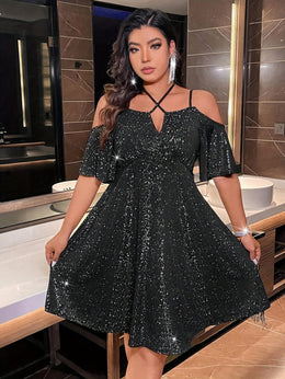 jkthpu-45 Plus Size, Plus Size Women's Elegant -Line Dress - Sparkling Shimmer Short Sleeve -Length Party Wedding Guest Dress, Fitted Curvy Silhouette, Machine Washable -Season Formal Gown, Dresses For Women Plus Size, Dress For Women Plus Size, Plus Size Wedding G