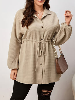KissICON Plus Size - Plus Size, Women'S Elegant Long Sleeve Blouse - Button-Front Shirt with Drawstring Waist, Non-See-Through Fabric for Fall/Winter, Office, Party, Everyday Outfits - Women'S Formal & Casual Tops, Winter Wardrobe, Cl