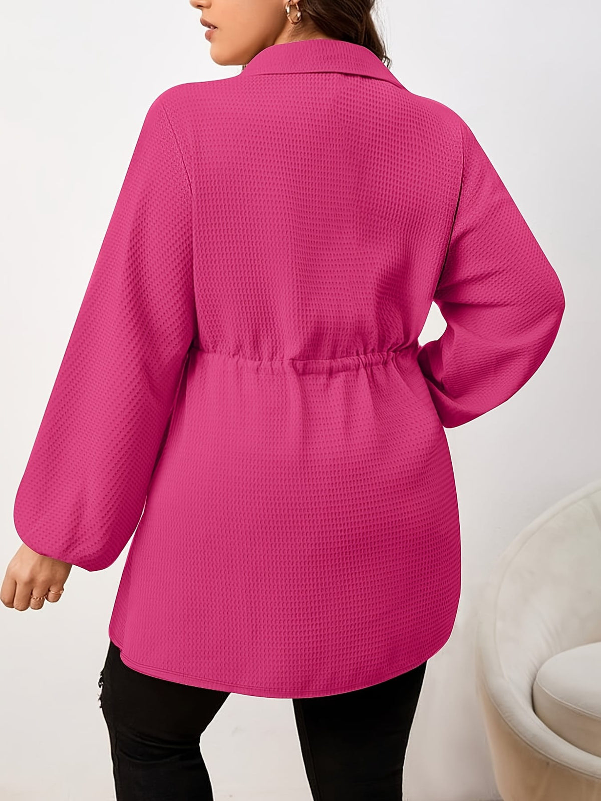 KissICON Plus Size - Plus Size, Women'S Elegant Long Sleeve Blouse - Button-Front Shirt with Drawstring Waist, Non-See-Through Fabric for Fall/Winter, Office, Party, Everyday Outfits - Women'S Formal & Casual Tops, Winter Wardrobe, Cl