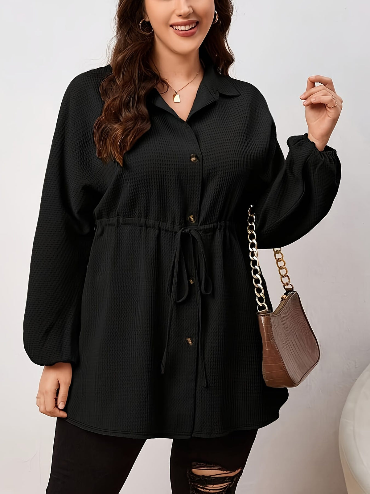 KissICON Plus Size - Plus Size, Women'S Elegant Long Sleeve Blouse - Button-Front Shirt with Drawstring Waist, Non-See-Through Fabric for Fall/Winter, Office, Party, Everyday Outfits - Women'S Formal & Casual Tops, Winter Wardrobe, Cl
