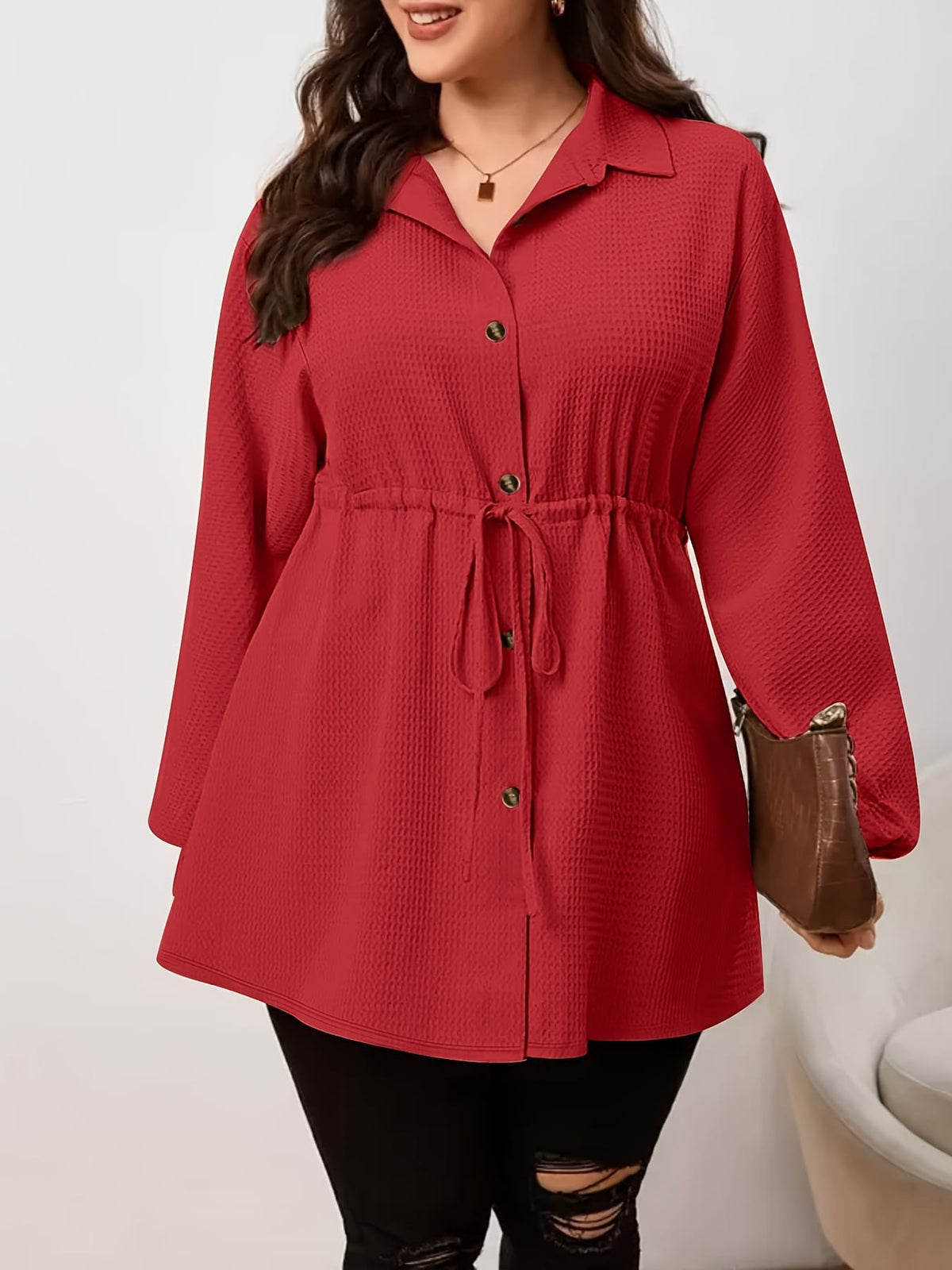 KissICON Plus Size - Plus Size, Women'S Elegant Long Sleeve Blouse - Button-Front Shirt with Drawstring Waist, Non-See-Through Fabric for Fall/Winter, Office, Party, Everyday Outfits - Women'S Formal & Casual Tops, Winter Wardrobe, Cl