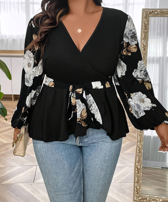 jkthpu-45 Plus Size - Plus Size Women'S Elegant Long Sleeve Floral Print Top - V-Neck, Cross Front, Ruffled Hem, Stretchy & Machine Washable, Perfect for Spring & Fall, Floral Print Blouse