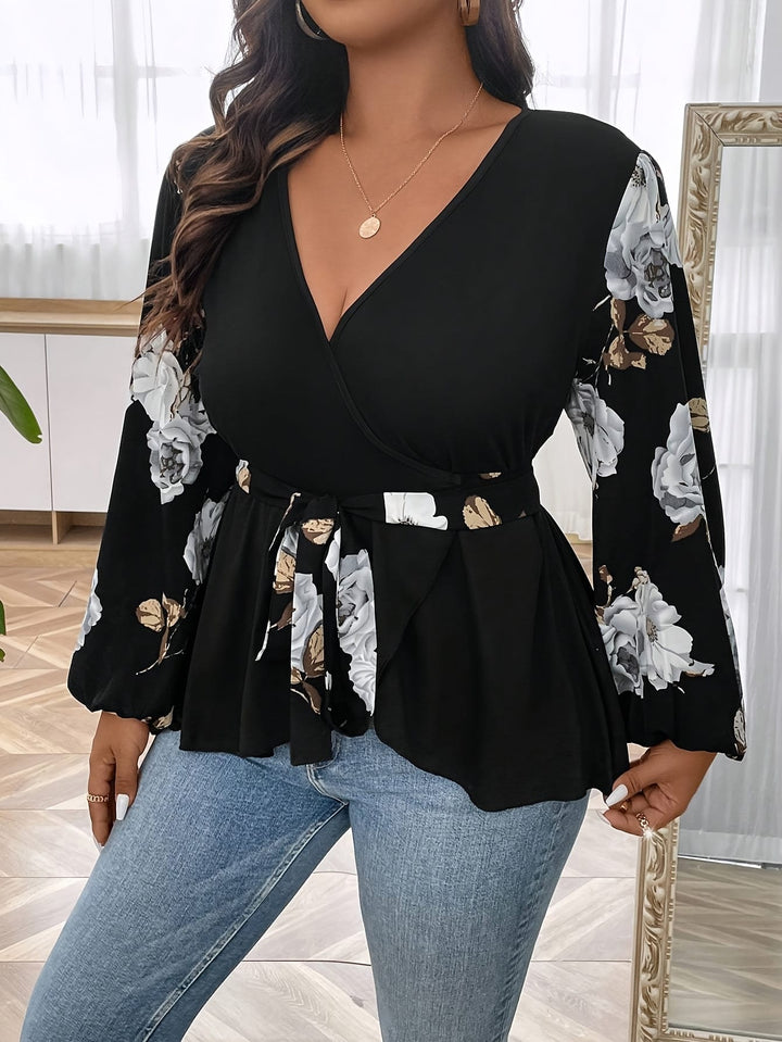 Plus Size - Plus Size Women'S Elegant Long Sleeve Floral Print Top - V-Neck, Cross Front, Ruffled Hem, Stretchy & Machine Washable, Perfect for Spring & Fall, Floral Print Blouse