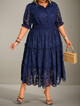 jkthpu-45 Plus Size - Plus Size, Women'S Elegant Navy Blue Floral-like print chiffon dress - Flared skirt, Formal & Everyday Outfits - Easy-Care Women'S Party, Office, Brunch Attire - Elegant Women'S Clothing, Chiffon Dress, Office Wear, Flowy Fabric, Party Outfit,