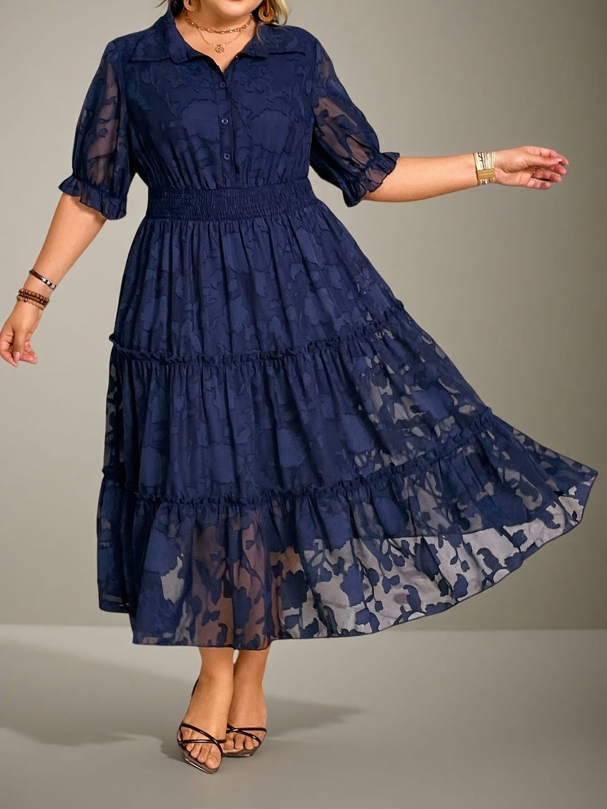 jkthpu-45 Plus Size - Plus Size, Women'S Elegant Navy Blue Floral-like print chiffon dress - Flared skirt, Formal & Everyday Outfits - Easy-Care Women'S Party, Office, Brunch Attire - Elegant Women'S Clothing, Chiffon Dress, Office Wear, Flowy Fabric, Party Outfit,