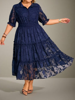 jkthpu-45 Plus Size - Plus Size, Women'S Elegant Navy Blue Floral-like print chiffon dress - Flared skirt, Formal & Everyday Outfits - Easy-Care Women'S Party, Office, Brunch Attire - Elegant Women'S Clothing, Chiffon Dress, Office Wear, Flowy Fabric, Party Outfit,