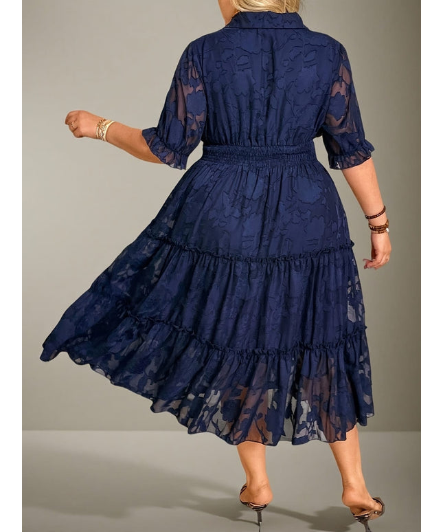 jkthpu-45 Plus Size - Plus Size, Women'S Elegant Navy Blue Floral-like print chiffon dress - Flared skirt, Formal & Everyday Outfits - Easy-Care Women'S Party, Office, Brunch Attire - Elegant Women'S Clothing, Chiffon Dress, Office Wear, Flowy Fabric, Party Outfit,