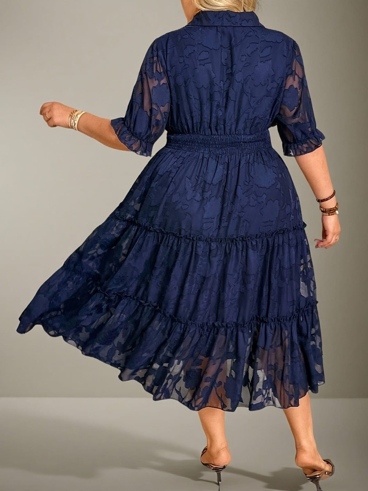 jkthpu-45 Plus Size - Plus Size, Women'S Elegant Navy Blue Floral-like print chiffon dress - Flared skirt, Formal & Everyday Outfits - Easy-Care Women'S Party, Office, Brunch Attire - Elegant Women'S Clothing, Chiffon Dress, Office Wear, Flowy Fabric, Party Outfit,