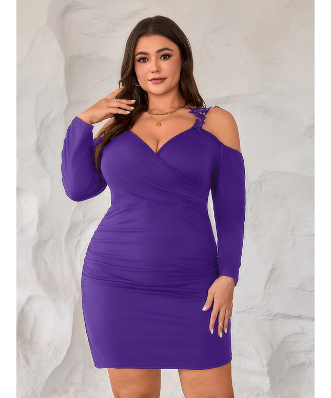 jkthpu-45 Plus Size, Plus Size Women's Elegant Off-Shoulder Bodycon Dress - Stretchy Slim Fit Machine Washable Navy Blue Solid Color for Year-Round Wear, Special Occasion, Fitted Silhouette, Formfitting Design, Stylish Ladies