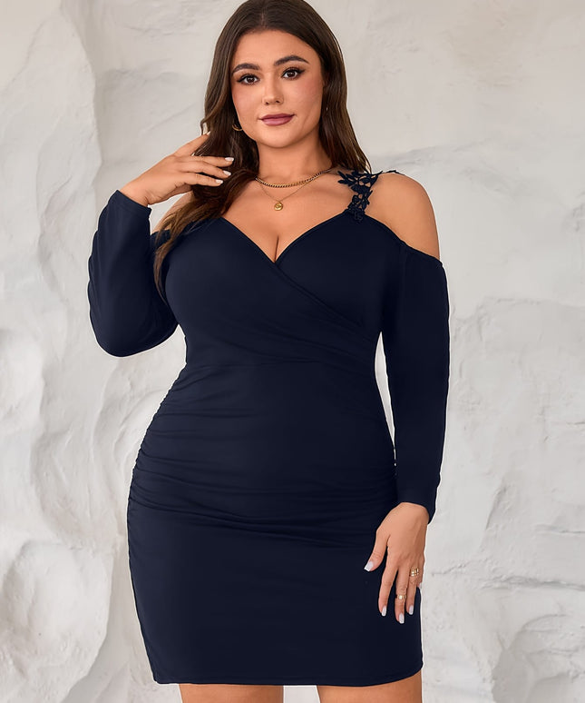 jkthpu-45 Plus Size, Plus Size Women's Elegant Off-Shoulder Bodycon Dress - Stretchy Slim Fit Machine Washable Navy Blue Solid Color for Year-Round Wear, Special Occasion, Fitted Silhouette, Formfitting Design, Stylish Ladies