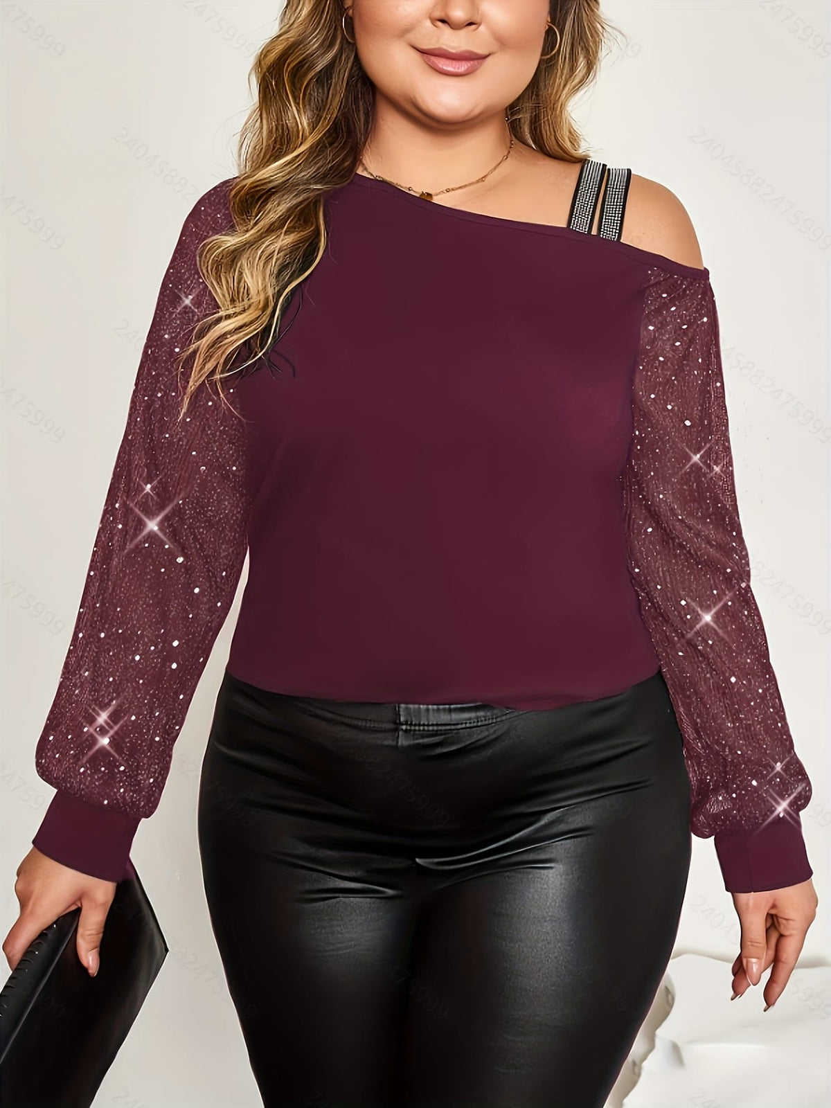 jkthpu-45 Plus Size - Plus Size, Women'S Elegant Off-the-Shoulder T-Shirt - Long Bell Sleeves, Stretchy Formal & Everyday Tops for Parties, Dates, Office - Plus Size Friendly Chic Blouse, Date Night Outfit, Retro Streetwear, Comfortable Fit, Stylish Top